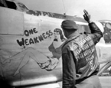 Pilot with his bomber nose art "One Weakness" WWII WW2 8x10 Photo 471a