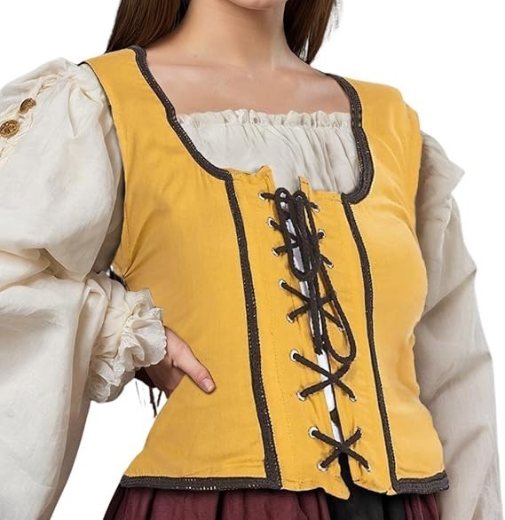 Medieval Mujer Pirata Renacimiento Disfraz Reversible Campesino Corpiño Oro