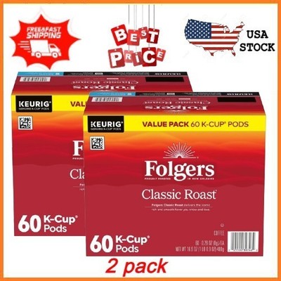 2 pack Folgers Classic Roast, Medium Roast Coffee, Keurig K Cup Pods, 60 Count