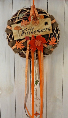 Türkranz, Wandkranz, 30 cm, Willkommen, Herbst, Igel, orange-natur
