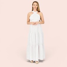 Forever 21 Tiered Halter Maxi Dress Size S White Stripes Coastal Summer Nautical