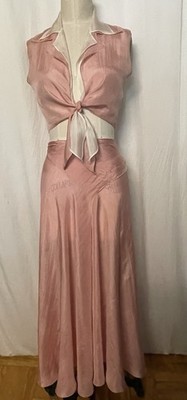 100% Silk Habotai Two-Piece Crop Top Wrap Skirt Set Pink White Vintage Style szM