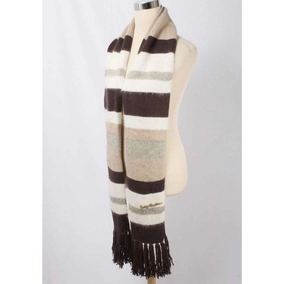 Cachecol longo JUICY COUTURE marrom e creme listra lã/angorá franja 86” Y2K - Imagem 2 de 4