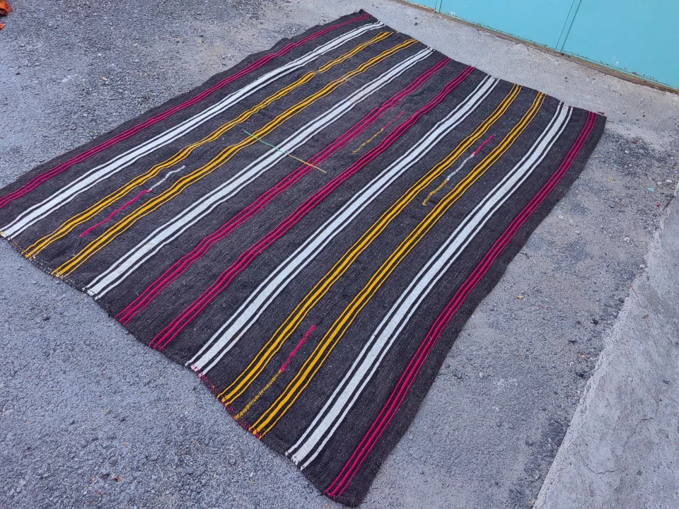 Vintage Turkish Kilim Rug 9x6.4 ft – Handmade Wool Large Tribal Striped Carpet - Image 3 of 4