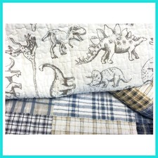 Benjamin Cute Dinosaur Plaid Navy Blue White Grey Bedding Quilt Set 100 Cott...