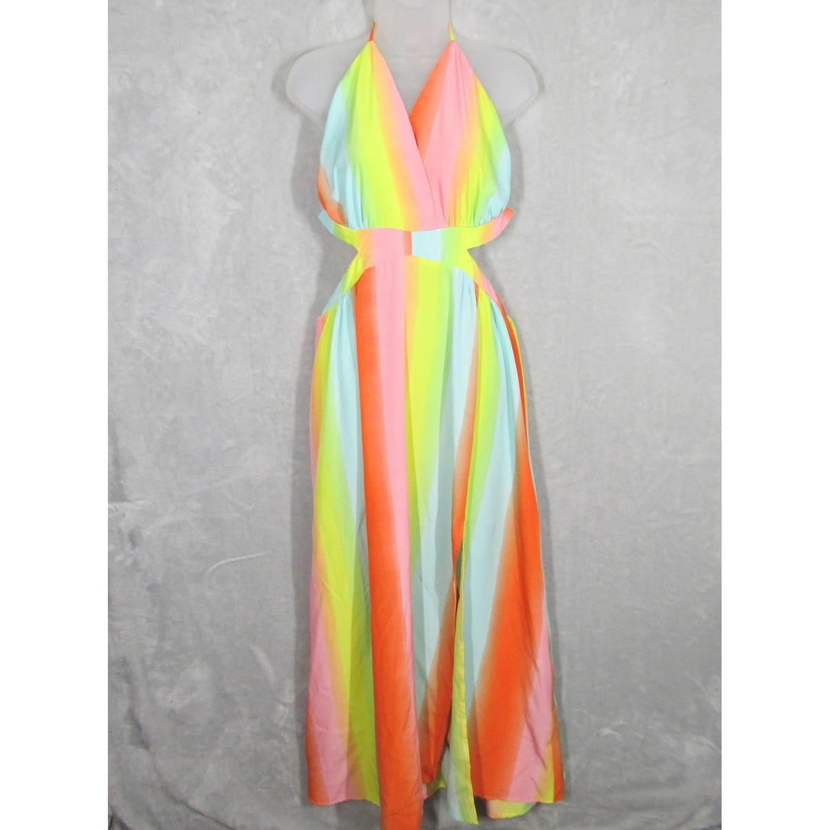 Suzanne Betro XL Maxi Dress Halter Cutout Tie Back Rainbow Stripe Multicolor | eBay Suzanne Betro XL Maxi Dress Halter Cutout Tie Back Rainbow Stripe Multicolor | eBay