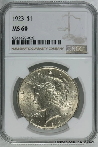 NGC MS60 1923 PEACE SILVER DOLLAR $1 (BC26)