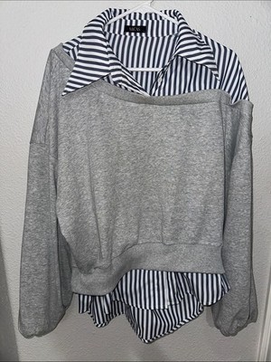Micas Gray Layered Sweater with Navy Stripe Shirt Detail
