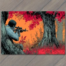 Art Print Rifleman Hiding Autumn Trees Red Foliage Orange Background Camouflage
