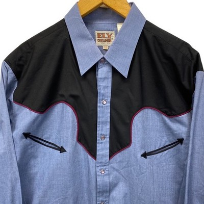 Ely Cattleman Western Shirt Mens XL Blue Black Pearl Snap Yoke Piping Vintage