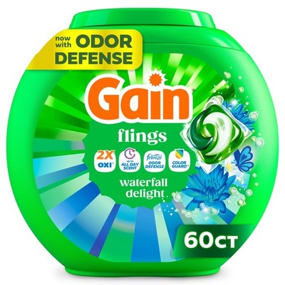 Gain Flings Laundry Detergent Soap Pacs,4-in-1 Oxi,Waterfall Delight Scent,60 Ct