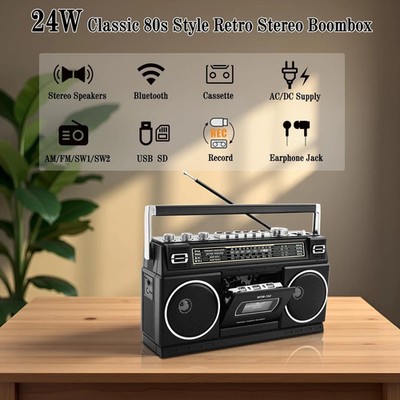 Retro Classic 80s Style Portable Boombox with Cassette Player
