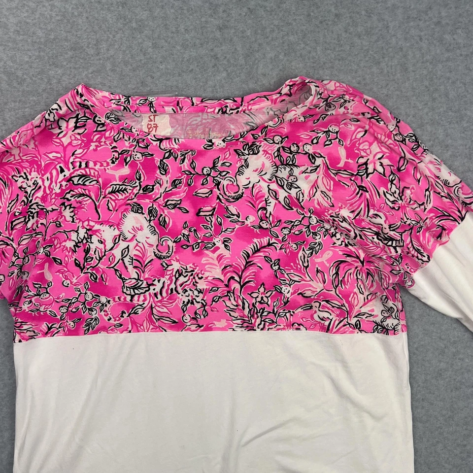 Camisa Lilly Pulitzer Mujer Mediana Rosa Estampado Blanco Manga Larga Logo Camiseta Cinta Foto 3 de 4