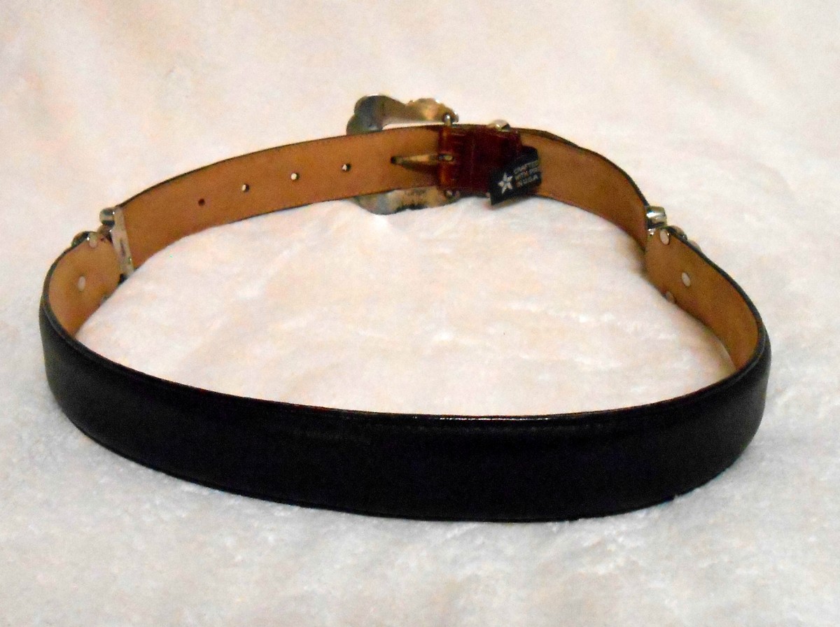Brighton Brown Leather Belt Contrasting Black Leather tooling and Silver Buckle Brighton Belt Brown Leather with Inlay Men 36 Brass Tone  main image 4