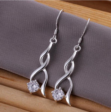 Womens 925 Sterling Silver AAA CZ 4cm Long Twisted Drop Dangle Earrings E68