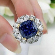 Cushion Simulated Sapphire Women's Gorgeous Wedding Ring 14k White Gold Plated
