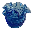 Vintage Hobnail Ruffled Lip Vase Candle Holder Fenton Blue Glass