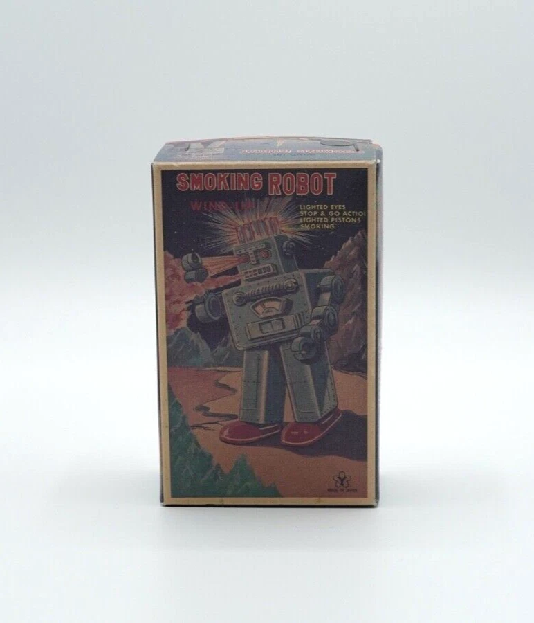 Tin Toy Smoking Robot Wind-Up Spring Action Vintage Rare Blue Yonezawa Japan - Image 2 of 4