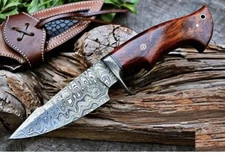 CUSTOM HANDMADE FORGED DAMASCUS STEEL BOWIE HUNTING EDC KNIFE ROSE WOOD HANDLE