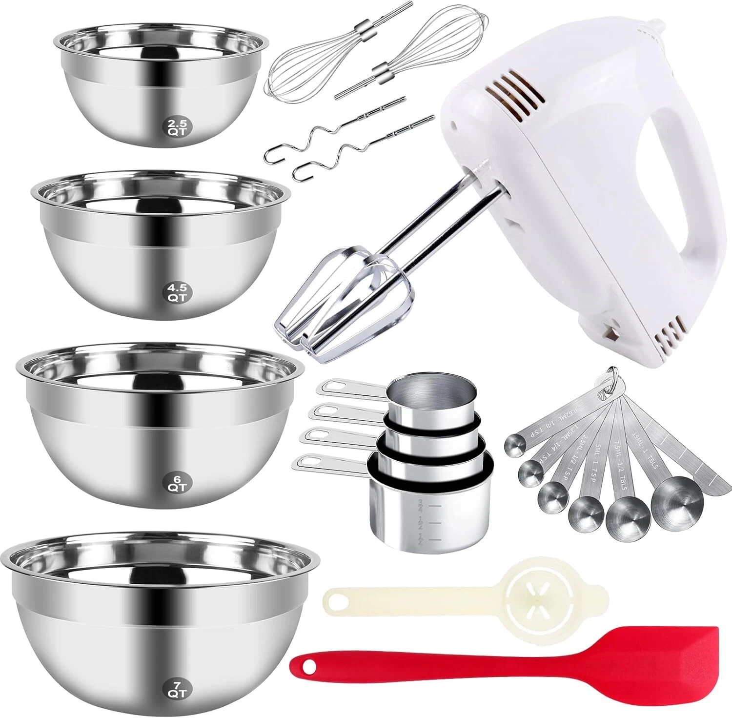 5-Speed Electric Mixer w/4 Large Mixing Bowls Stainless Steel Baking Supplies