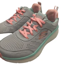 Skechers Womens Dlux Walker Gray Pink Running Shoes Lace Sz 8