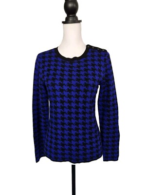 Carlisle Sweater Houndstoth Royal Blue Black Long Sleeve Button Deco Women Sz M
