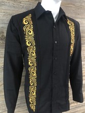 Mens Mexican Guayabera Wedding Dress Shirt Black Gold Palm Leaf Embroidery