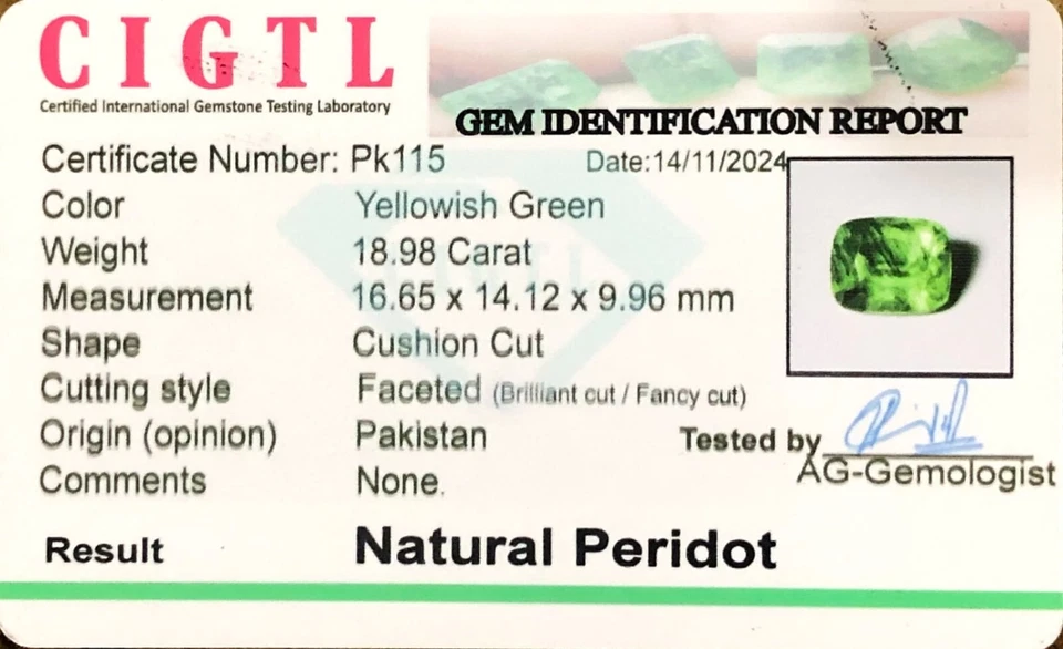Peridoto natural certificado de 18,98 quilates con inclusión de ludicita piedra preciosa tallada cojín Foto 2 de 4