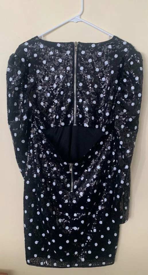 VESTIDO COLECCIÓN DESAGRADABLE GAL LENTEJUELAS NEGRO/BLANCO MANGA LARGA EE. UU. TALLA 10 Foto 2 de 4