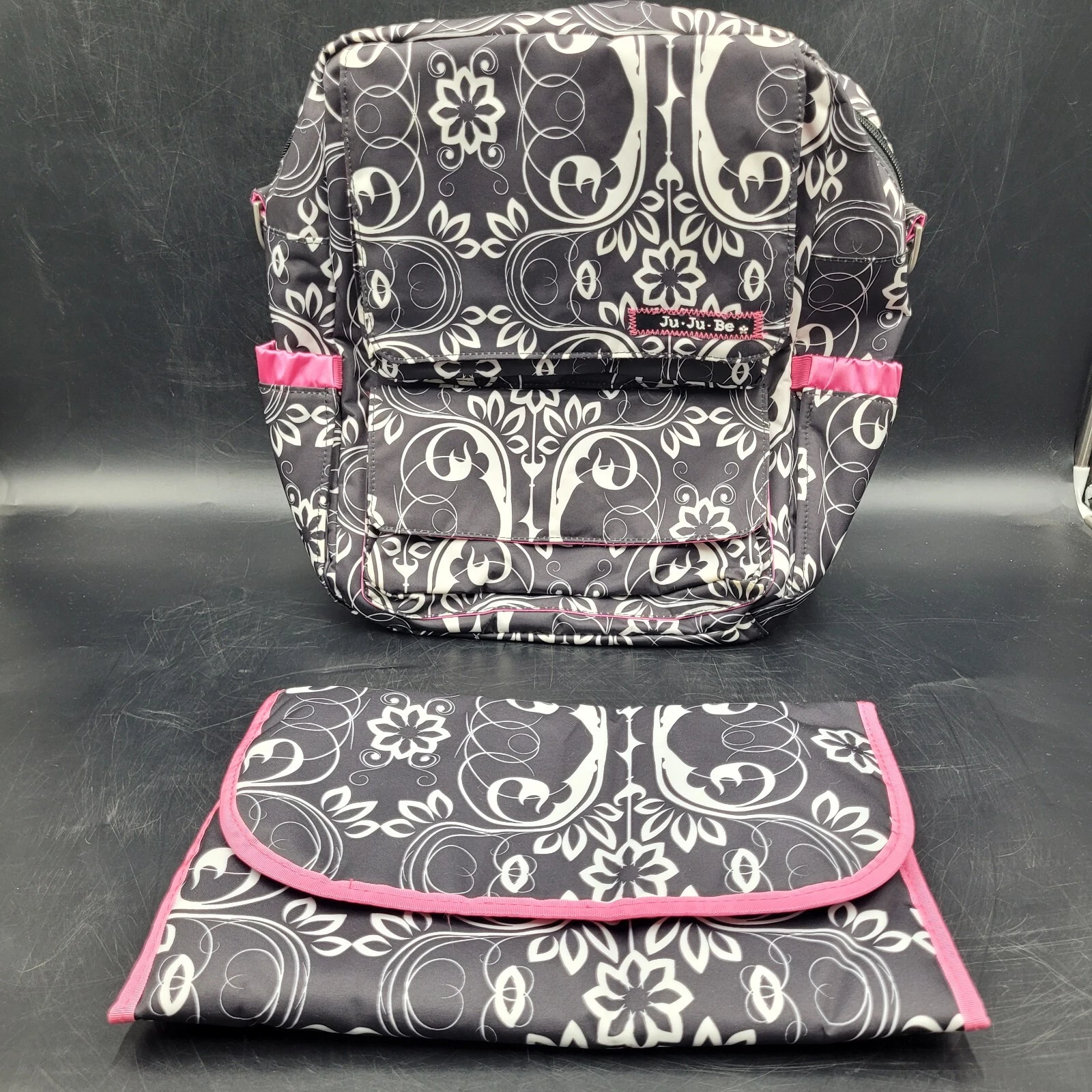 Ju-Ju-Be Diaper Bag Duffel Backpack Black White Pink Floral w/ Changing Pad