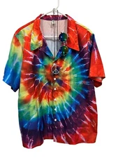 Hippie Costume for Men Tie Dye Button Down Shirt Glasses Necklace - XL