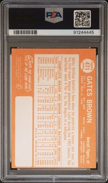 1964 TOPPS BASEBALL DETROIT TIGERS GATES BROWN RC ROOKIE CAR #471 EX-MT PSA 6 view 2
