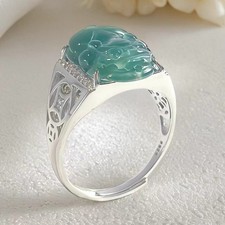 S925 Silver Natural A-grade Jade Blue Water Pixiu Ring Adjustable