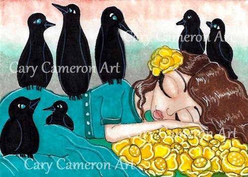 ACEO Original Painting Big Eye Crow Bird Flower Fantasy Outsider art - C Cameron