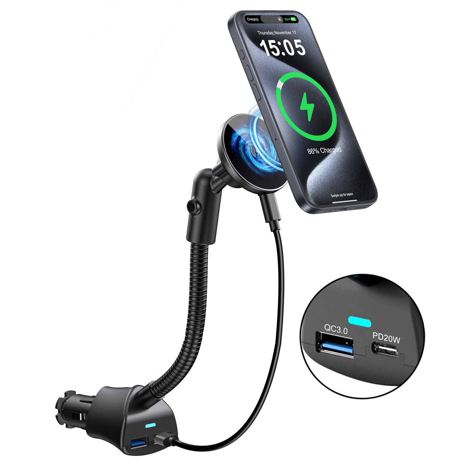 for Magsafe 15W Car Mount Cigarette Lighter Wireless Phone Charger，Car Black