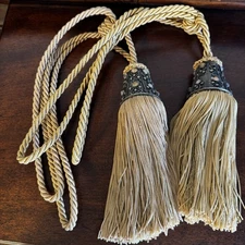 2 - 24” VNTG Tassel Drapery Tie Backs Corded Set of Gold Metal & Gems