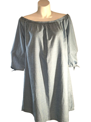J for Justify 2x Womens Off Shoulder Tunic Chambray Blue tie sleeve 100% Cotton
