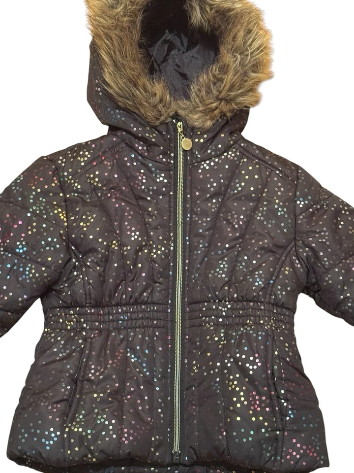 Rothschild 1881 Winter Coat Girls 3T Black W Rainbow Dots Faux Fur Hood Puffer - Image 2 of 4