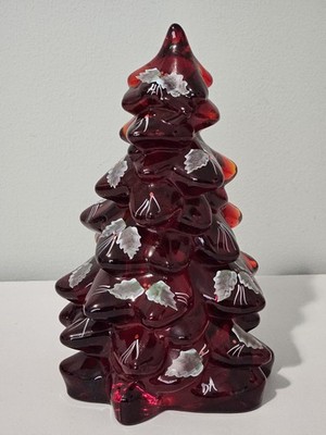 New Mosser Glass Ruby Red Cadmium Holly Hand Decorated 8'' Christmas Tree ''Glows''
