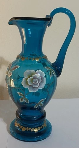 Fenton New Century XXI Blue Floral Glass Vase/Pitcher