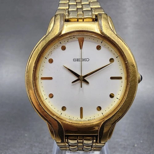 Seiko Watch Men 35mm White Dial God Tone Round V701-7A70 New Battery
