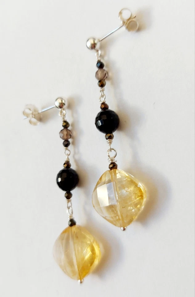 Orecchini in argento 925 pietre quarzo citrino fume onice zirconia regalo Natale - Immagine 3 di 4