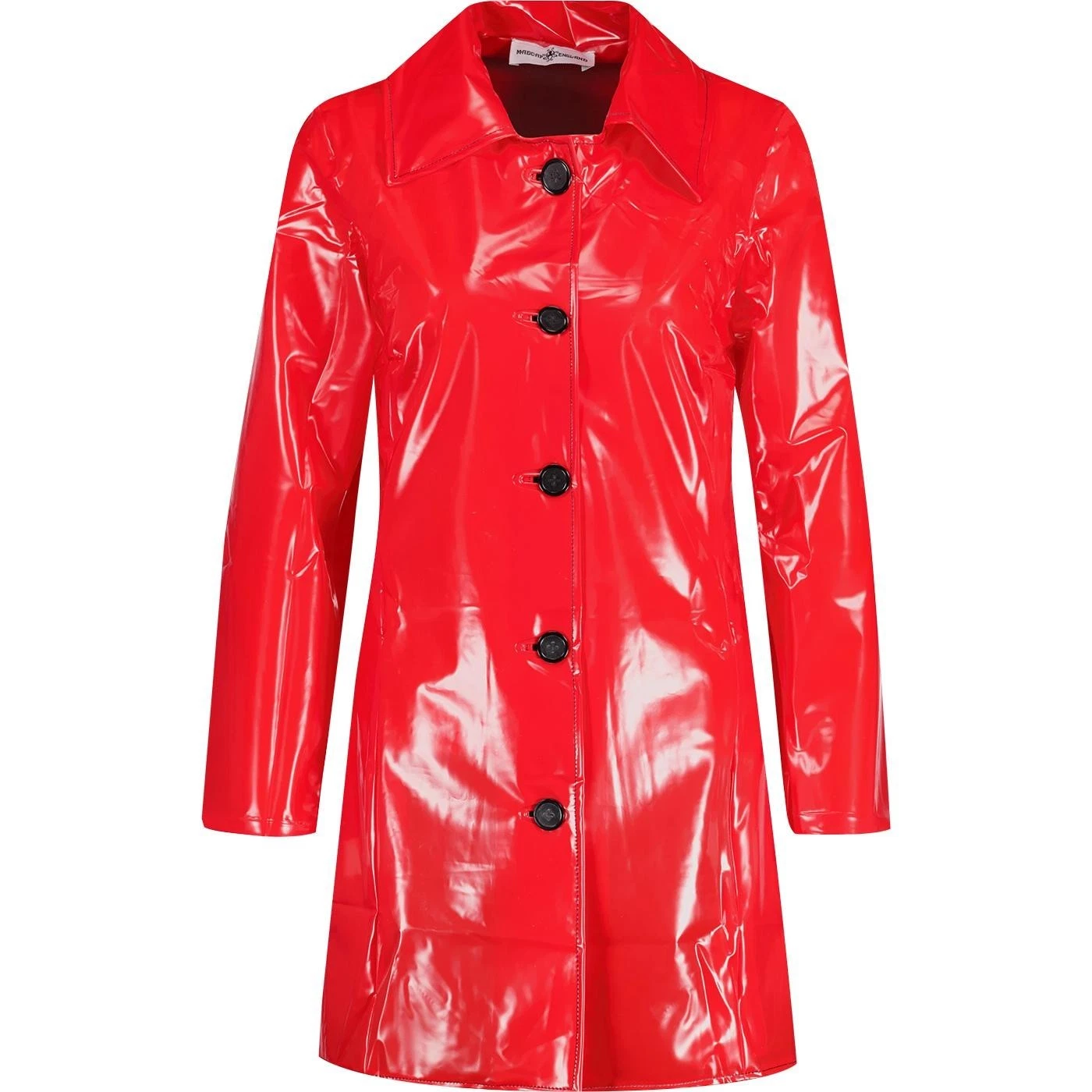 Puritues Women Red PVC Vinyl Raincoat Glossy Shiny Trench Coat Retro Mod Jacket