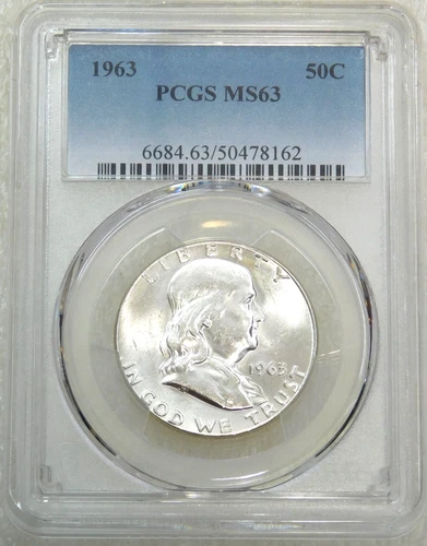 1963 P Franklin Half Dollar PCGS MS63 90% FBL Frosty White PQ New Holder #S286D