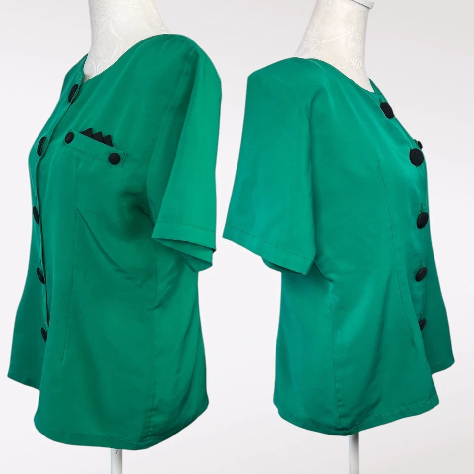 Blusa Vintage Años 80 Verde Abotonada Botones Negros Retro Manga Corta Mediana Foto 4 de 4