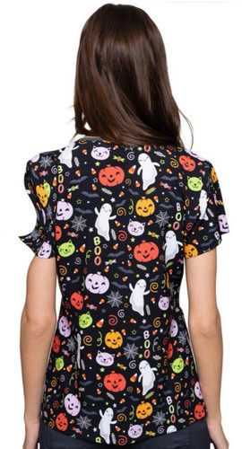 NWOTS MedCouture Halloween Print V-Neck Scrub Top with Short Sleeves Sz Xl - Picture 2 of 6