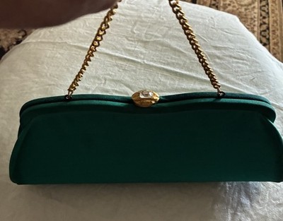 VYG After Five Green Satin Bag Featuring A Gold Tone, Chain Strap, And Clasp ￼