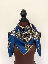 Burberry Silk Wrap Prorsum Logo Lucky Floral Blue Alhambra Gold Flower Scarf