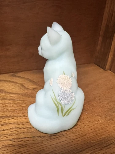 Blue Satin Fenton Sitting Cat Hand Painted Figurine