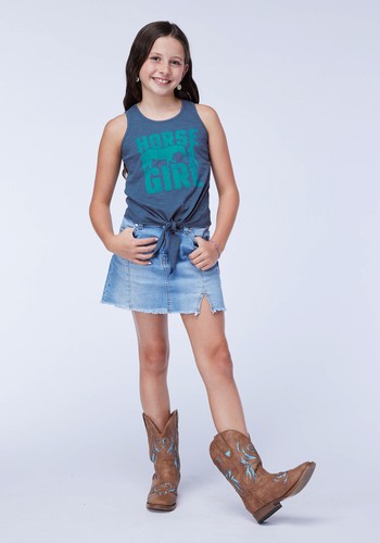 Roper Kids Girls Horse Girl Blue 100% Cotton S/L Tank Top - Picture 2 of 4